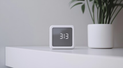 A sleek digital clock displaying the time on a minimalist table with a plant in the background.