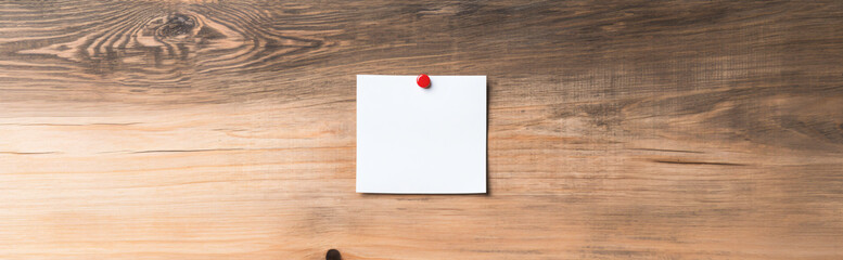 White blank note, postcard on wooden wall or table, red pin. Design banner template mockup for brand, invitation, advertisement and menu with place for text. Vintage, wooden rustic style.