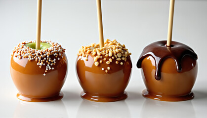 Gourmet Caramel Apples with Varied Toppings in Artisanal Presentation on White Surface
