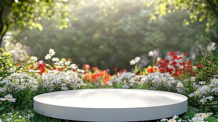 3D rendering of white circular table surrounded by colorful flowers in serene garden setting