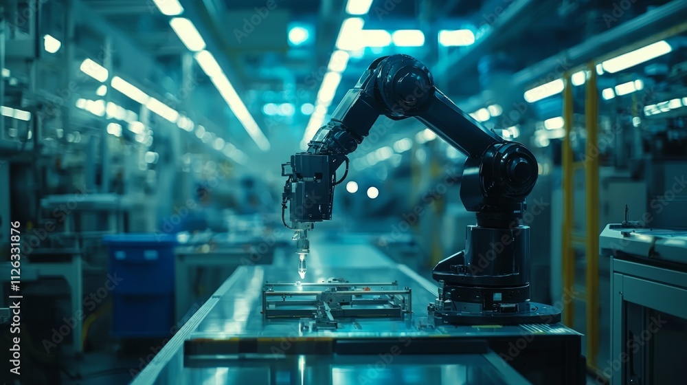 Poster within a bustling manufacturing plant, a robotic arm skillfully performs precise tasks, enhancing pr