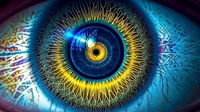 Transforming hues of a blue eye revealing intricate vein patterns beneath the surface