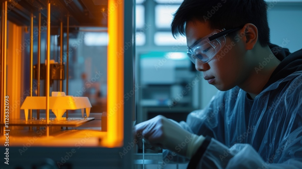 Aufkleber an expert engineer operates a 3d printer using ar technology to ensure precise placement of each lay