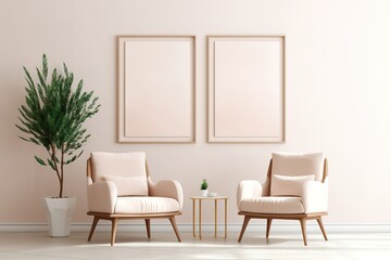 Mockup three poster frame in modern interior background with pink chair, living room, Scandinavian style, 3D render, 3D illustration

