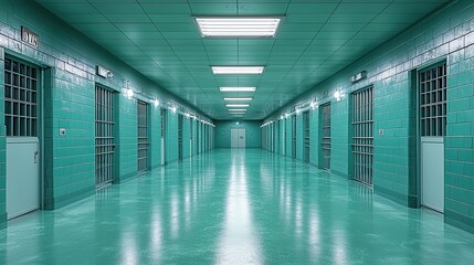 Long, empty corridor in a correctional facility with cells on both sides under fluorescent lighting