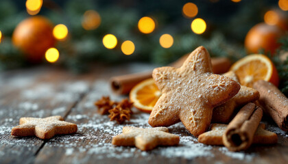 Christmas cookies, cinnamon sticks, and dried orange slices on a wooden surface with holiday lights.

