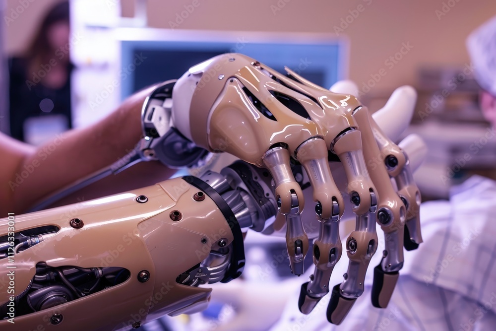 Poster Innovative technology is on display as a person works on sophisticated prosthetic hand in a workshop, showcasing skill and precision in modern engineering