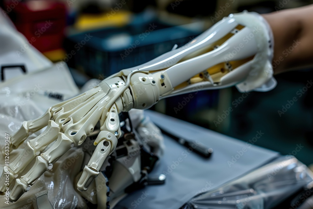 Poster Innovative technology is on display as a person works on sophisticated prosthetic hand in a workshop, showcasing skill and precision in modern engineering
