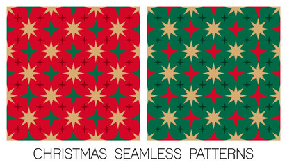 Set of red, green and gold star seamless pattern design for christmas and new year holidays.