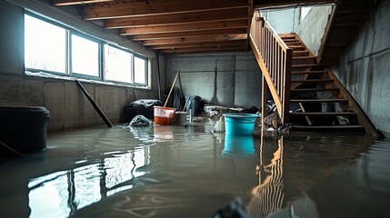 Abandoned basement flooded with water, concrete walls, trash cans, debris, wooden staircase, two windows. Atmosphere of neglect