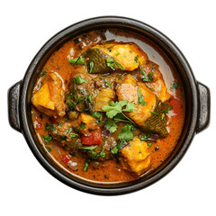 Fototapeta premium Extreme top view of hyperrealistic coconut fish stew in a dark metal pot isolated on a white background well lit sharp focus.