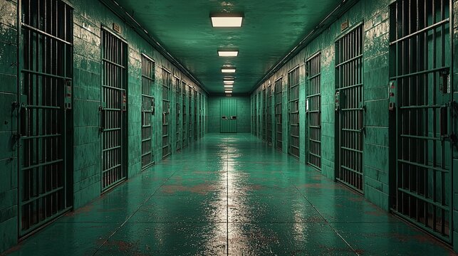 Dark and eerie corridor of a prison with green walls and metal bars during the evening hours