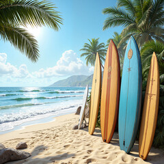 Surfboards on sandy beach with Pacific Ocean backdrop, bright sunny day, coastal setting with palms