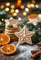 Christmas cookies, cinnamon sticks, and dried orange slices on a wooden surface with holiday lights.

