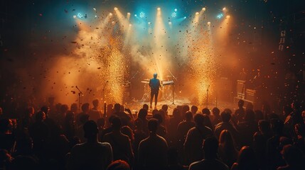 Vibrant concert atmosphere with crowd under orange lights and confetti showering the stage