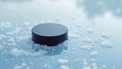 Simple graphic of hockey puck on smooth icy surface with texture background