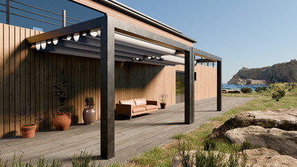 3D render of a wooden terrace with pergola next to Nordic house