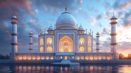 Fototapeta premium A Serene moonlight illuminates Taj Mahal breathtaking 3D rendering