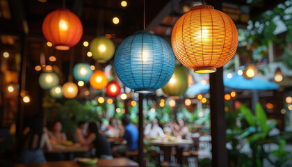 Obraz premium Colorful lanterns illuminate vibrant restaurant atmosphere, creating warm and inviting ambiance for diners. lively decor enhances dining experience
