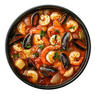 Extreme top view of hyperrealistic seafood cioppino stew in a dark glass bowl isolated on a white background well lit sharp focus.