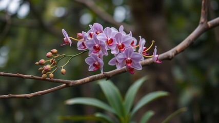 Exotic orchid plant growing in clusters on a bare tree branch with multiple stems, nature, foliage plants