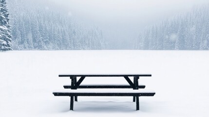 Obraz premium Snow covered picnic table in a tranquil winter landscape