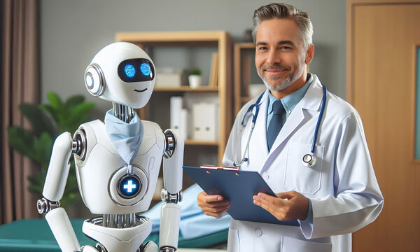 Ein Arzt mit einem futuristischen Roboter - Assistenten in einem Behandlungszimmer