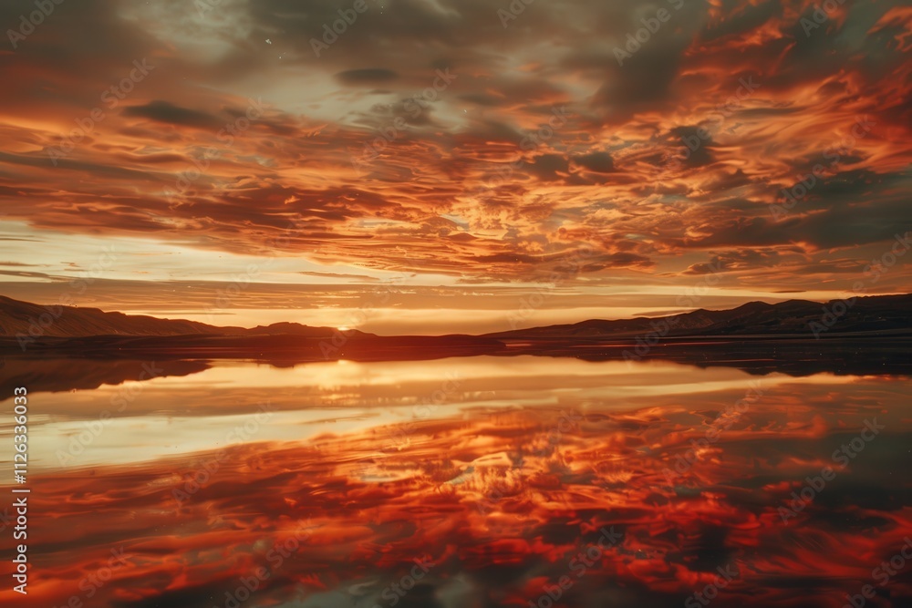 Poster colorful sunset reflected in tranquil lake surrounded by mountains and pine trees, creating a serene