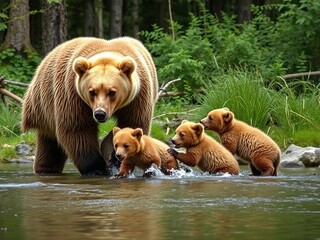 Obraz premium Female grizzly bear and her cubs playing in a forest stream, wildlife photography, cubs, grizzly bears