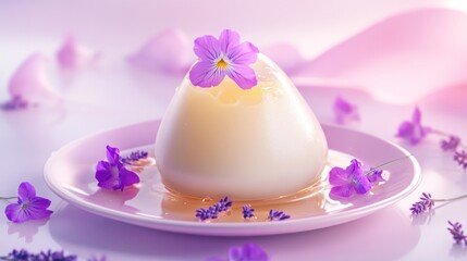 A delicate dessert topped with flowers, served on a pastel plate.