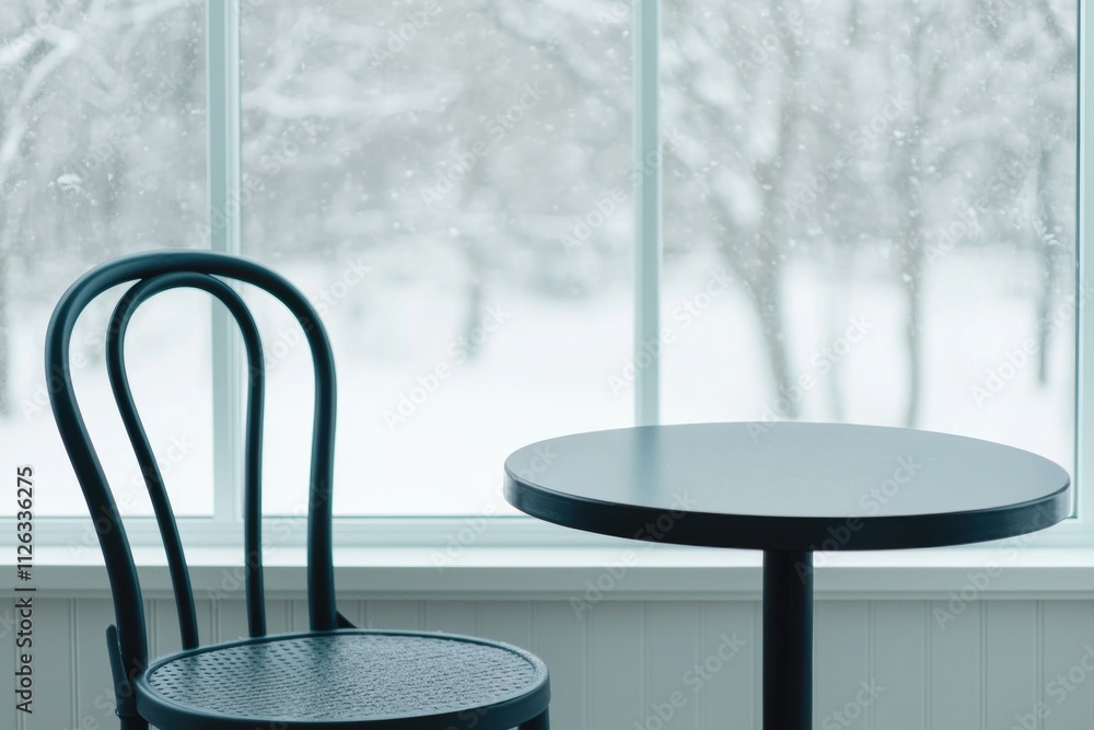 Poster empty cafe table by the window overlooking snowy winter scene