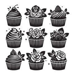 Set of black cupcakes silhouette vector illustration