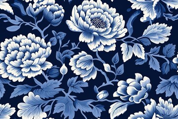 Oriental blue flower background, vintage colorful Chinese art. Vintage blue Chinese flower art drawing illustration pattern, old flower floral pattern background, blue botanical painting art print.
