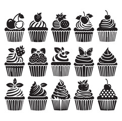 Set of black cupcakes silhouette vector illustration