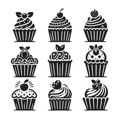 Set of black cupcakes silhouette vector illustration