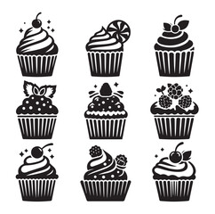 Set of black cupcakes silhouette vector illustration
