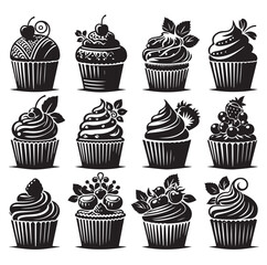 Set of black cupcakes silhouette vector illustration