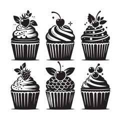 Set of black cupcakes silhouette vector illustration