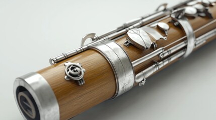 Naklejka premium A close-up of a wooden flute showcasing its intricate metal keys and design.