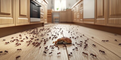 Ants swarm kitchen floor around dropped cookie in wide angle view