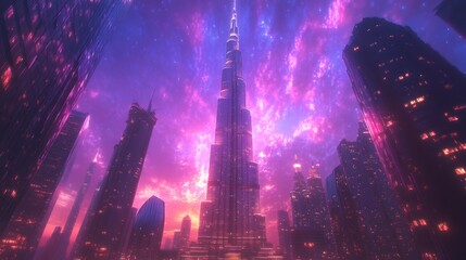 Fototapeta premium Awe inspiring futuristic cityscape vibrant nebula swirls above glowing tower night sky urban fantasy digital art majestic ethereal