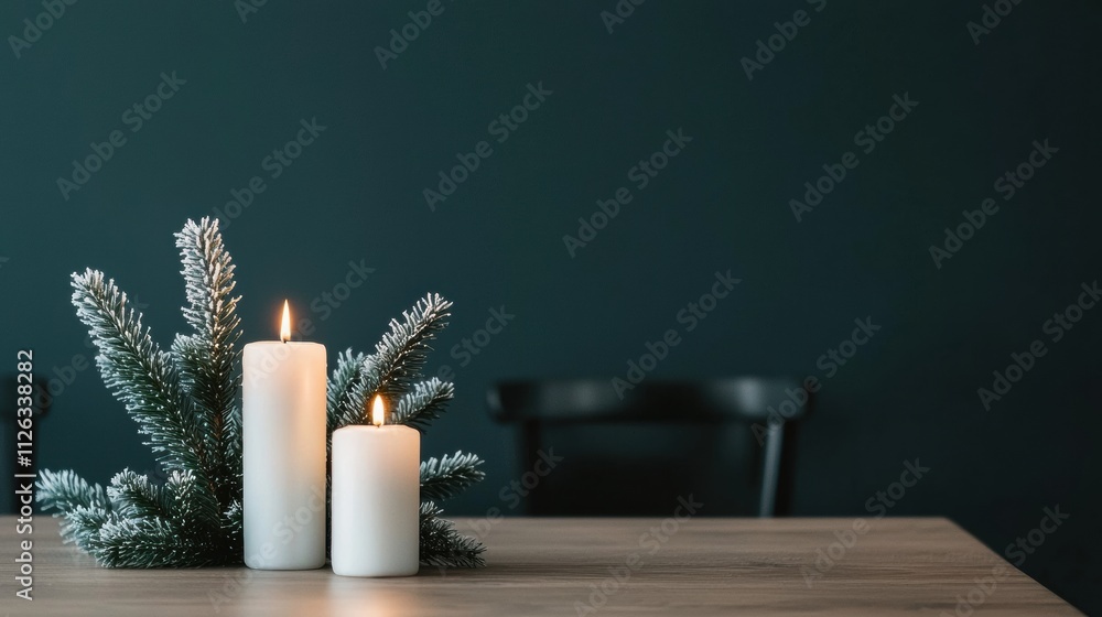 Poster burning candles and frosted pine branches creating cozy winter ambiance on dining table