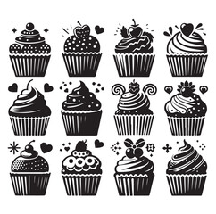Set of black cupcakes silhouette vector illustration