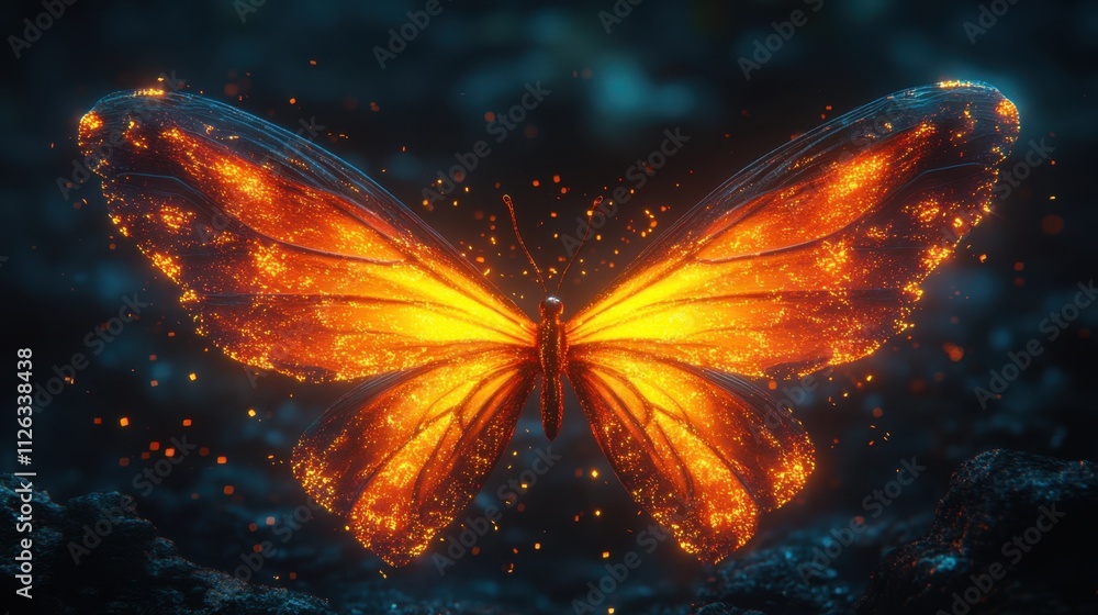 Poster golden butterfly sparkles in a mystical forest, illuminating the night with its enchanting glow and 
