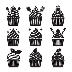 Set of black cupcakes silhouette vector illustration