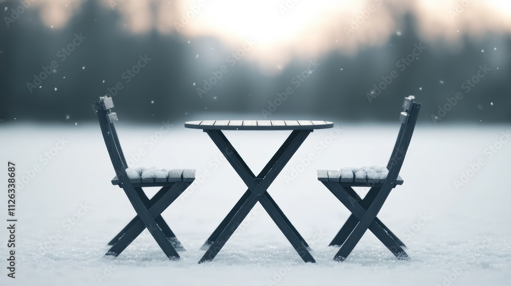 Poster snow falling on empty cafe table and chairs in winter wonderland