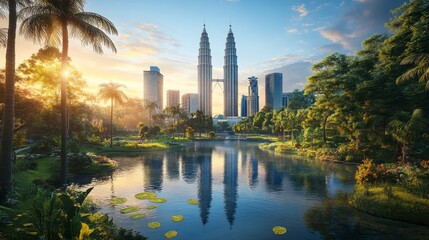 Fototapeta premium Serene sunrise over Kuala Lumpur iconic towers peaceful reflection