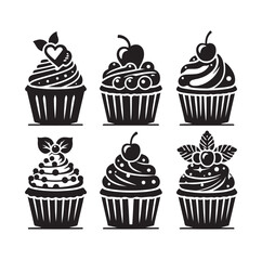 Set of black cupcakes silhouette vector illustration