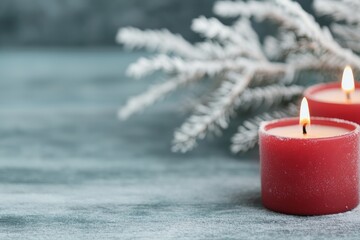 Two red burning christmas candles with snow dusted branches creating cozy atmosphere
