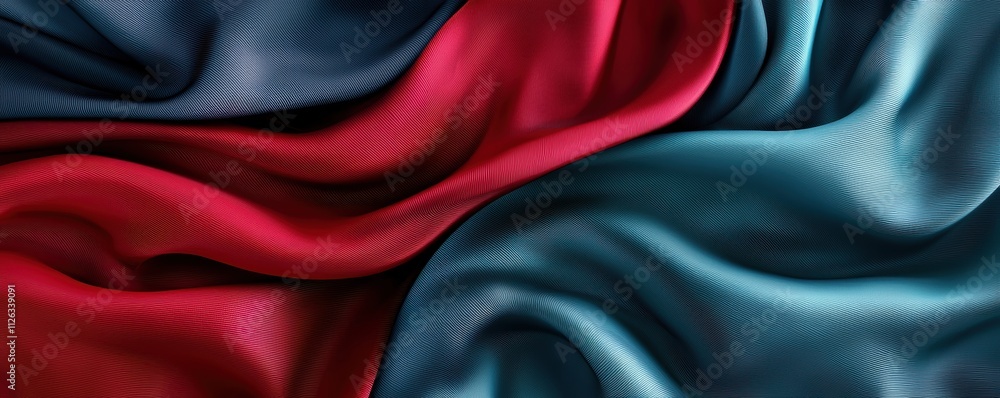 Poster a vibrant display of red and teal fabric, showcasing elegant drapery and texture, creating a visuall